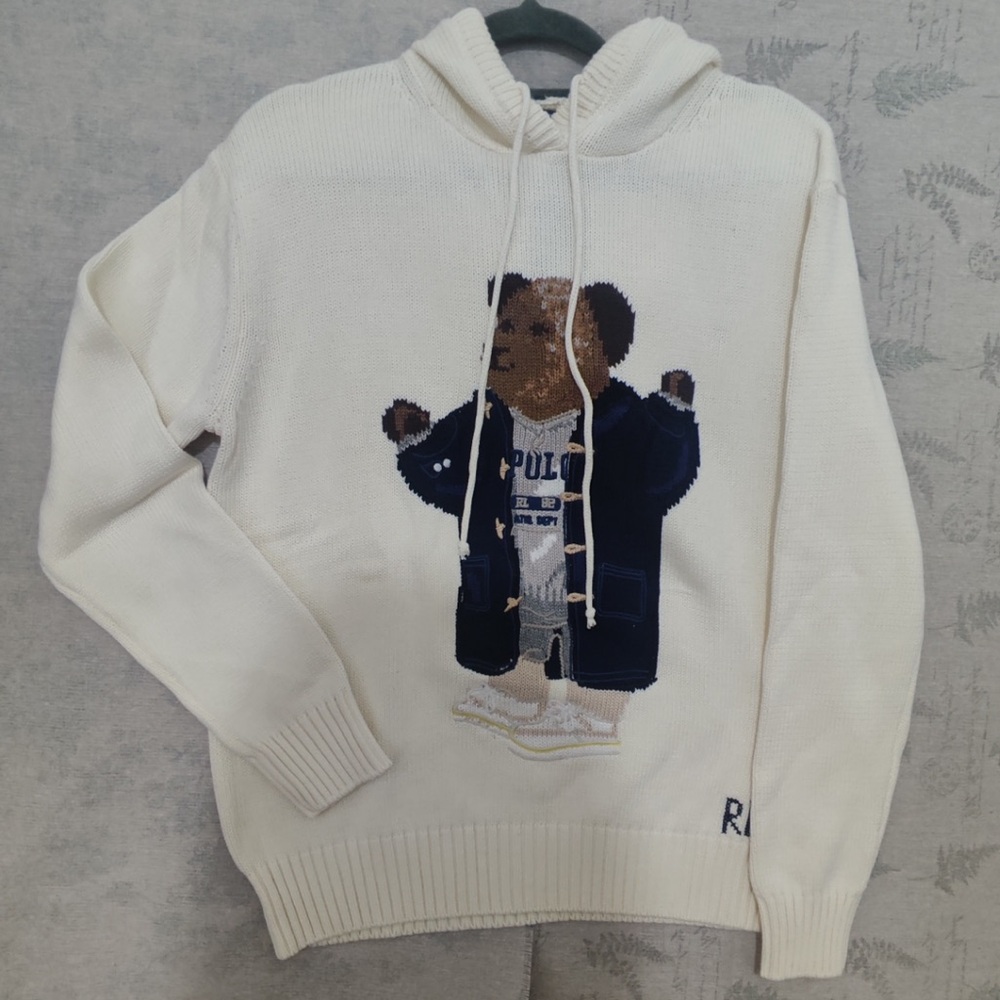 Ralph Lauren White Hoodie Sweater with Bear Graphic